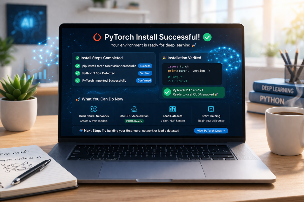 Successful PyTorch install dashboard with neural network visuals on organized desk