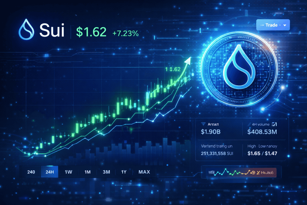 Sui crypto price dashboard with glowing bullish charts and digital coin interface