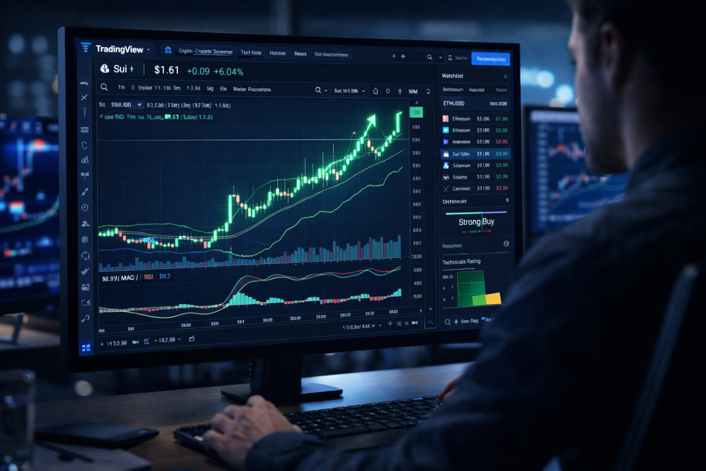 Trader analyzing Sui token chart with technical indicators on TradingView