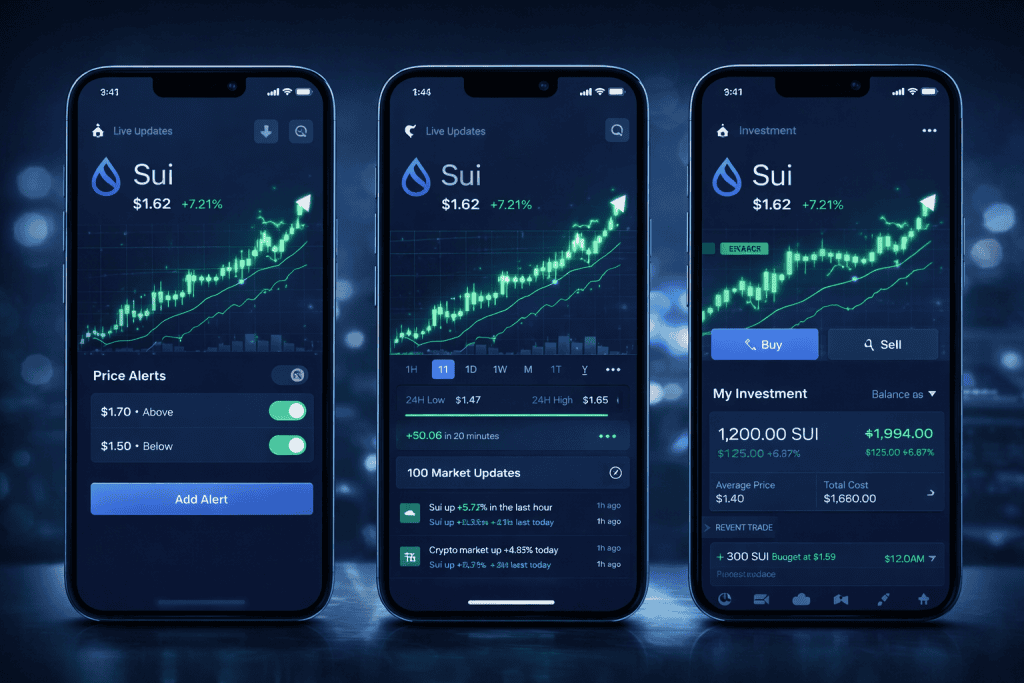 Mobile crypto app showing Sui price alerts and live investment tracking