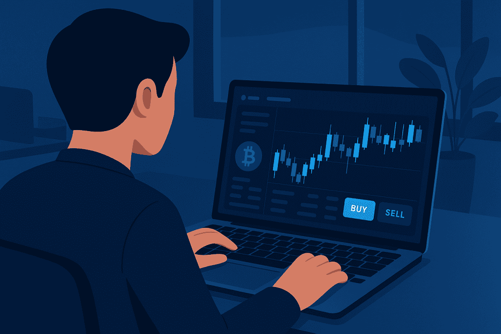 User viewing crypto trading dashboard with candlestick charts and buy/sell buttons in BingX.