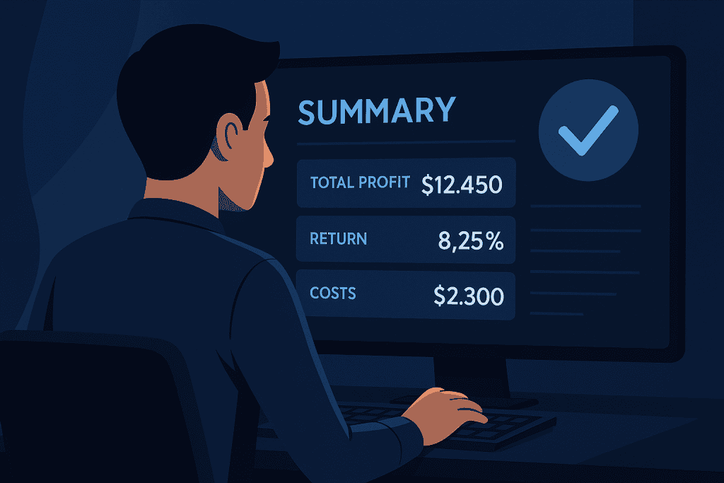 Trader reviews summary metrics with checkmark icon indicating final recommendation.