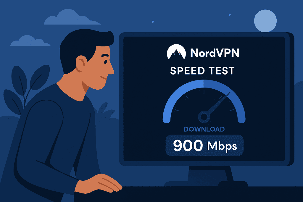 NordVPN speed test showing 900 Mbps download.