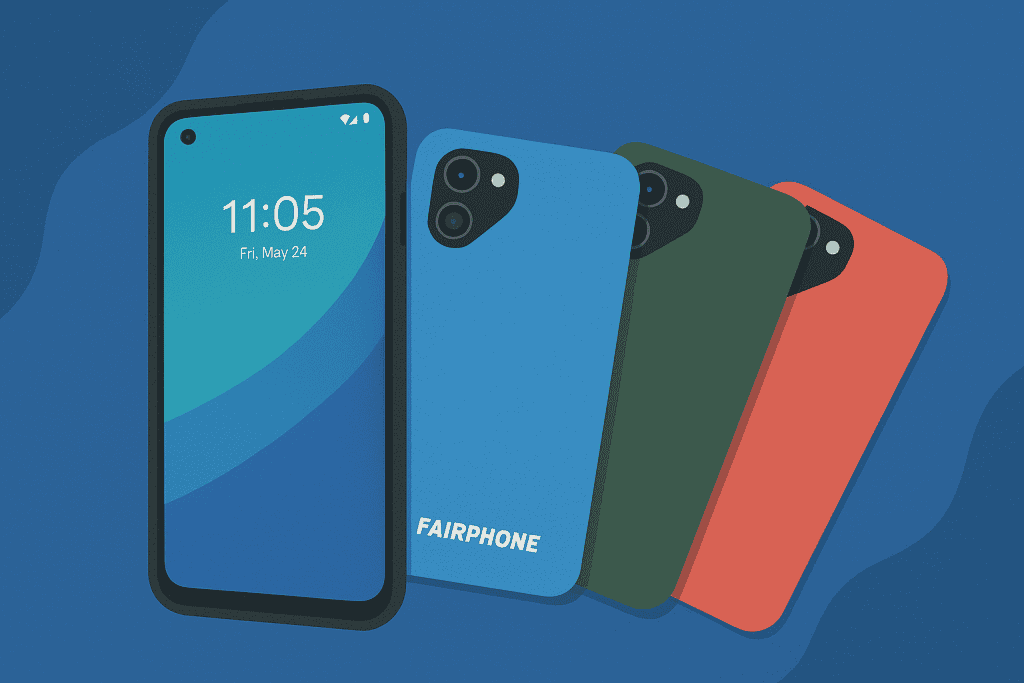 Fairphone 6 with three colorful back covers.
