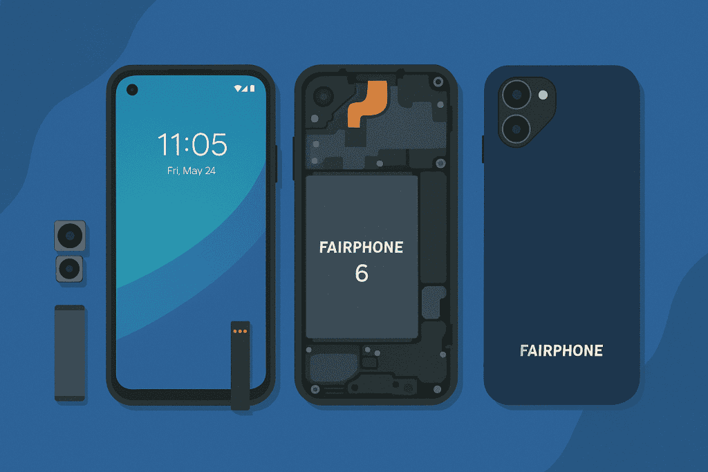 Fairphone 6 disassembled, showing replaceable components.