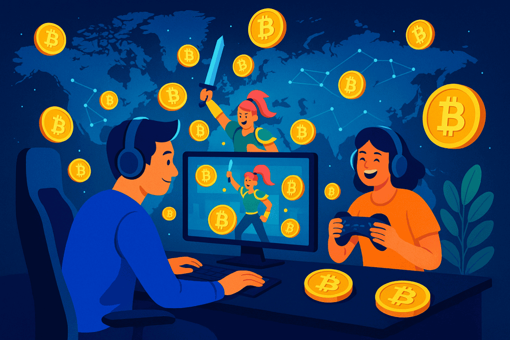 Players earning crypto tokens through blockchain games on global platforms