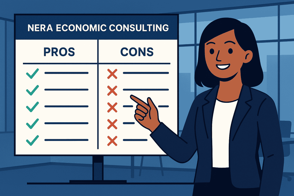 Clear table listing Nera Economic Consulting pros and cons.