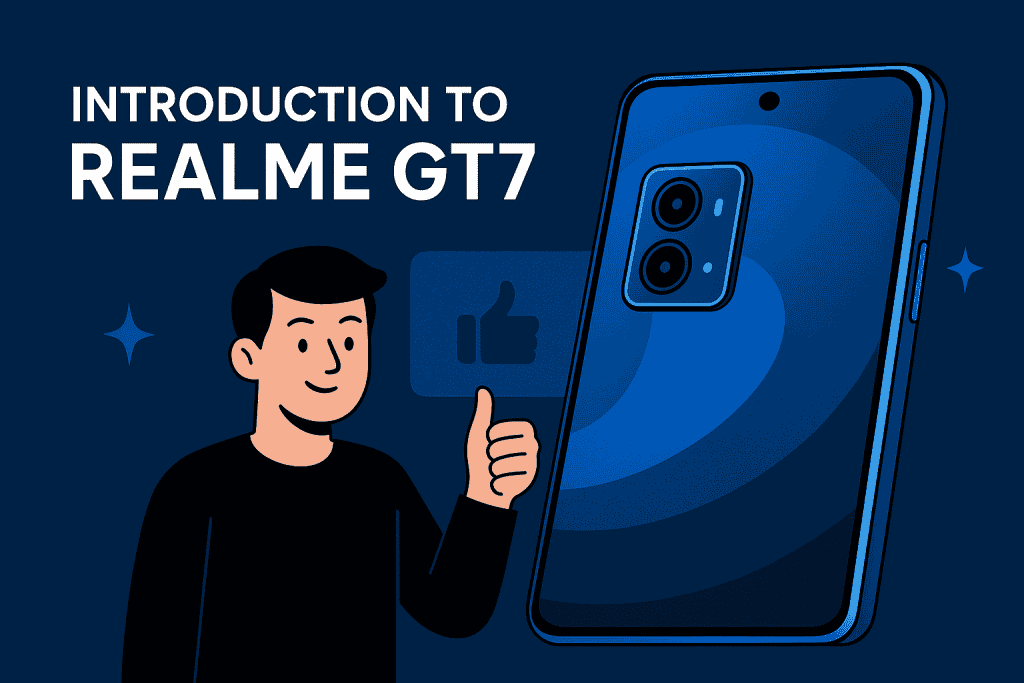 Realme GT7 smartphone promo with user approval gesture.