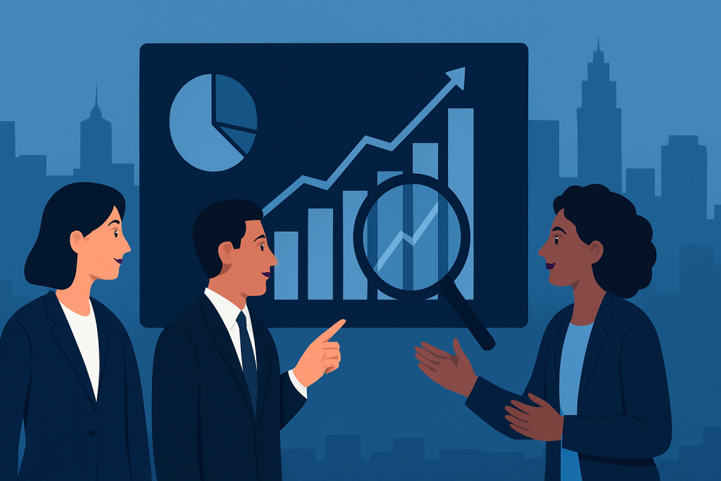 Economic Analysis diverse team reviews upward finance trend graph.