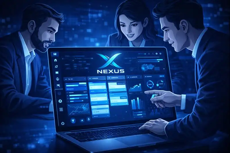 Team collaborating using Nexus tools on laptop screen