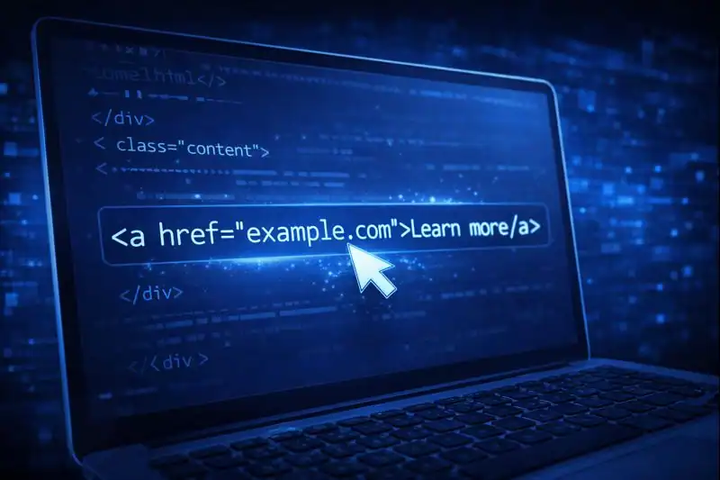 HTML anchor tag example displayed on laptop screen