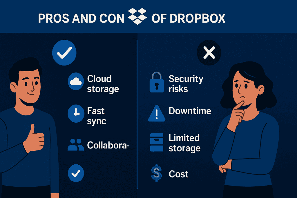 Split infographic highlighting Dropbox strengths and weaknesses