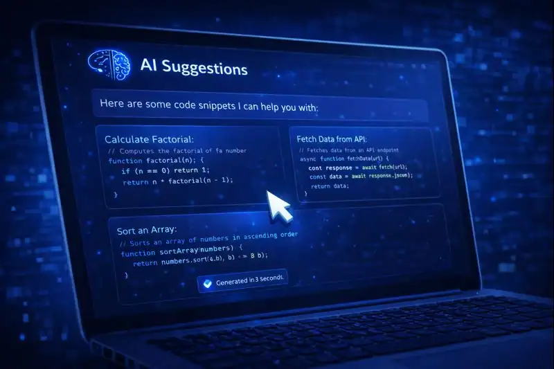 Laptop screen showing AI tool suggesting code snippets