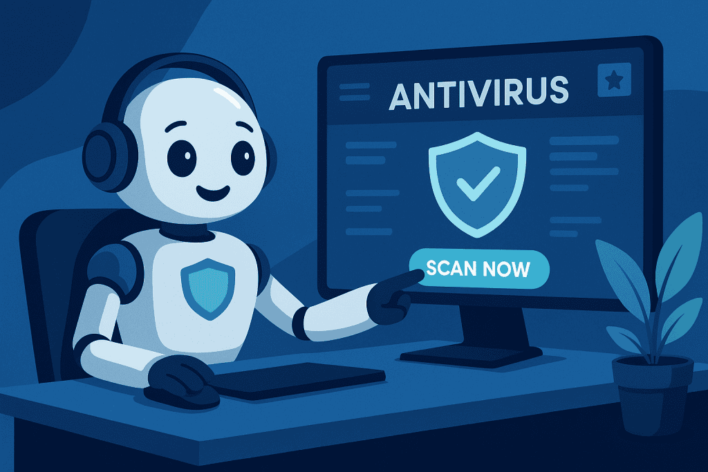 Animated robot clicking “Scan Now” on antivirus interface

