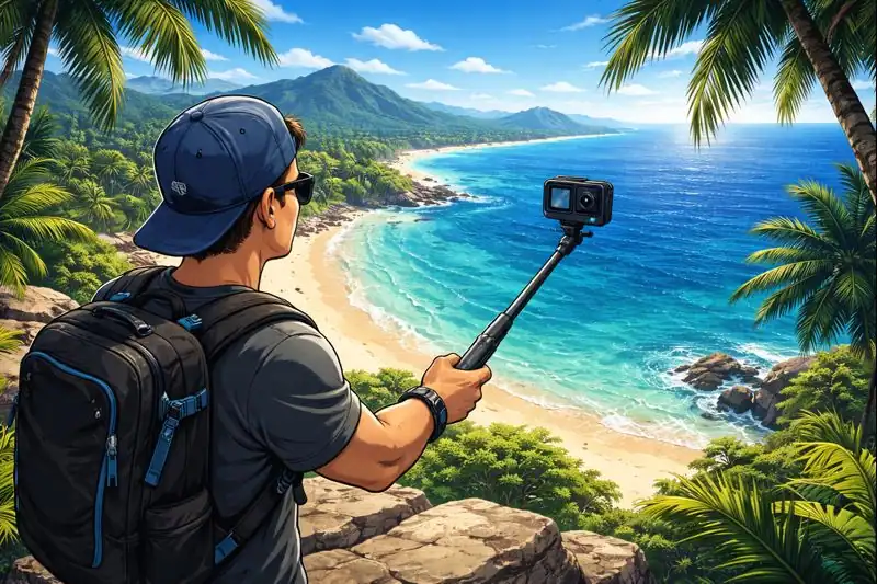 Traveler using a GoPro on a selfie stick to film a panoramic view from a cliffside overlooking a tropical beach.