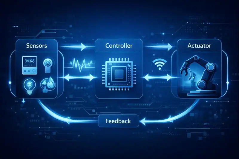 Automation workflow showing sensors, controllers, and feedback loops