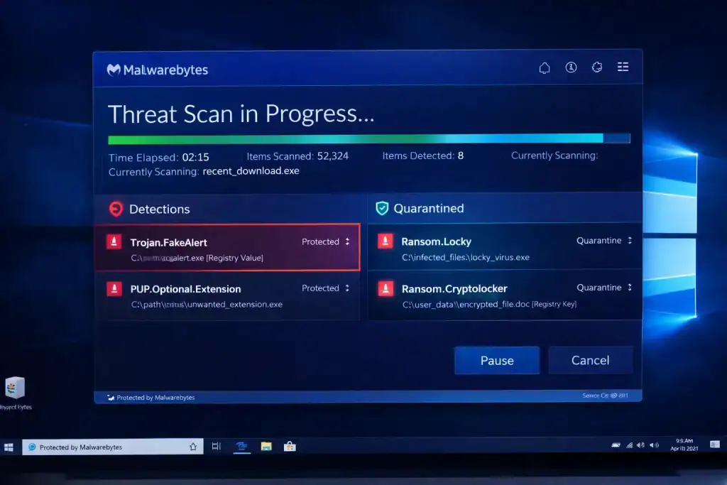 Close-up of a Malwarebytes threat scan in progress with highlighted detections and quarantine results on a Windows desktop.