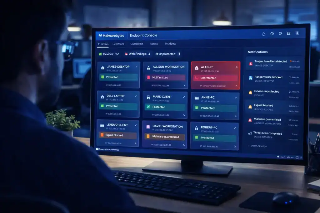 IT admin viewing Malwarebytes endpoint console on a large monitor, with multiple device tiles and alert notifications in an office setting