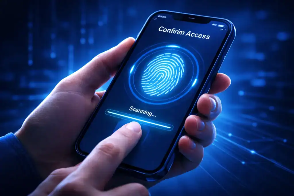 Close-up of a fingerprint scan on a mobile device used to confirm account access.