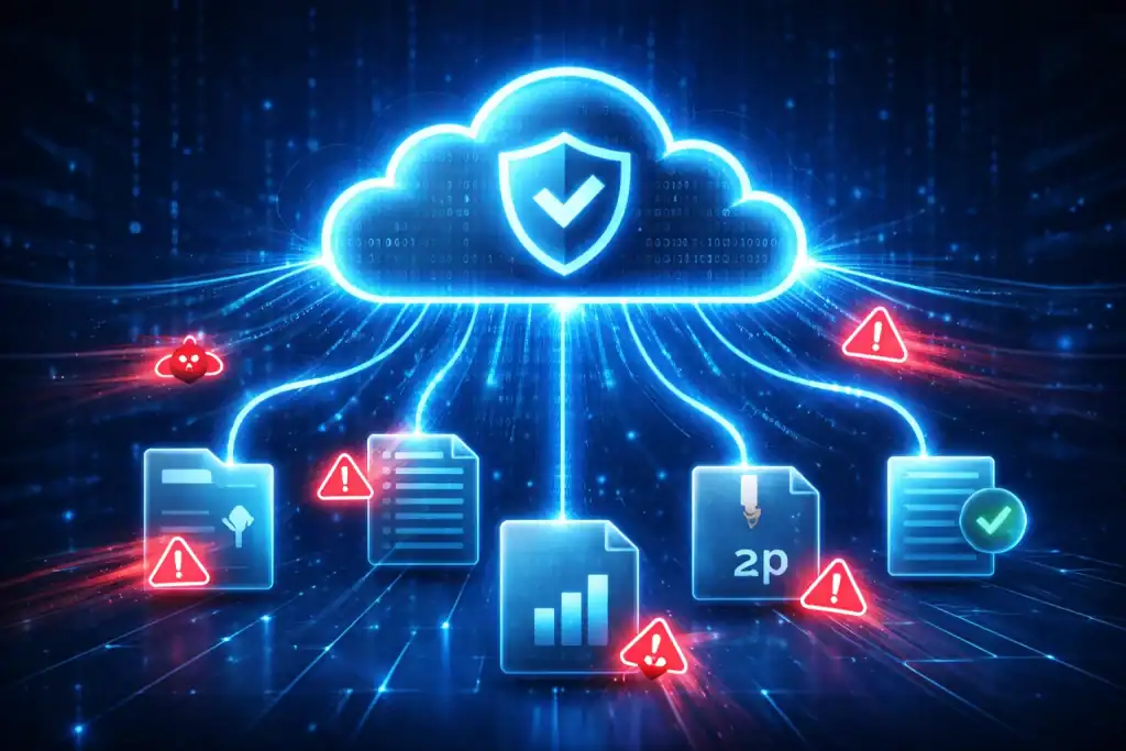 Illustration of a cloud network analyzing suspicious files with secure data streams and threat detection markers.