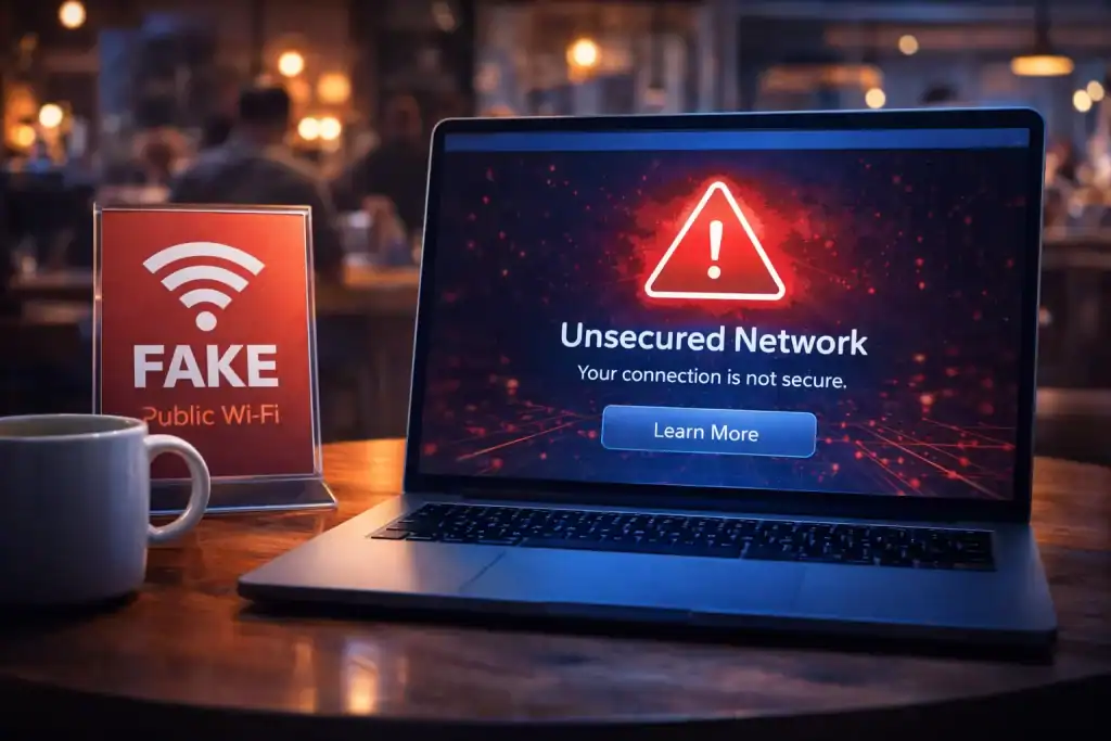 Public café Wi-Fi scene with Man-in-the-Middle Attack