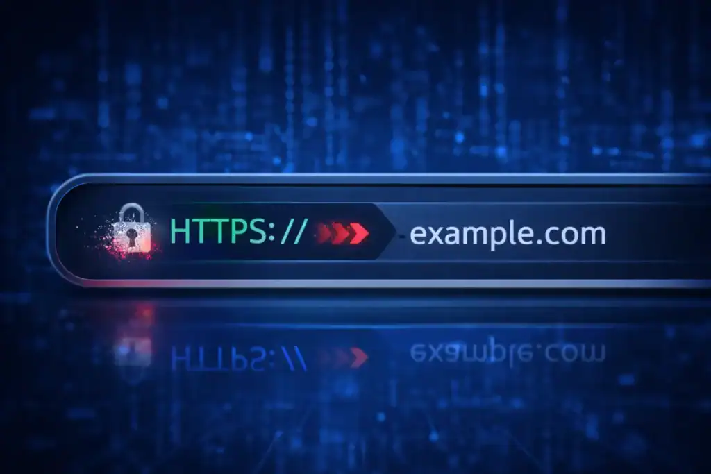 Browser address bar showing HTTPS downgraded to HTTP with a padlock icon disappearing during SSL stripping.