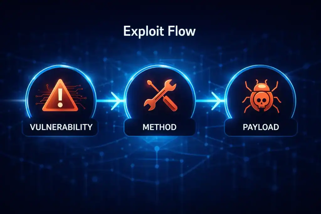 Diagram showing exploit flow: vulnerability, method, payload