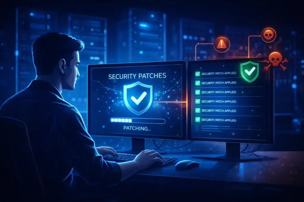 IT analyst applying security patches to prevent exploit-based attacks