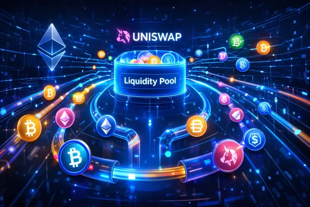 Uniswap liquidity pool visualization with colorful crypto tokens