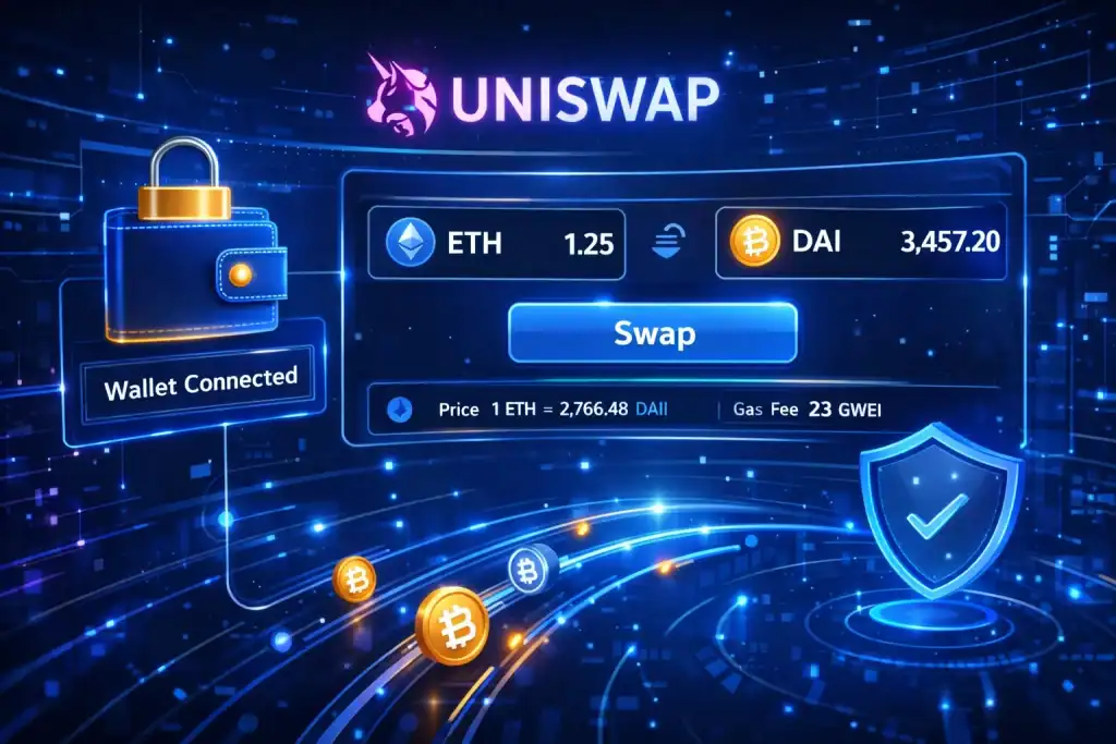 Uniswap-powered crypto swap scene showing a secure wallet connection