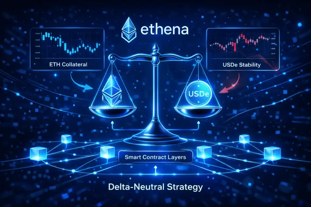 Concept illustration of Ethena Crypto’s delta-neutral strategy