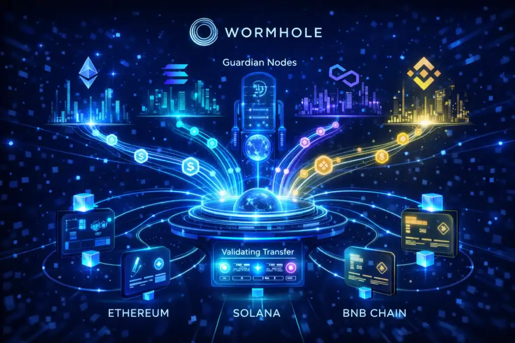 Wormhole Crypto illustrated as a high-tech blockchain control hub