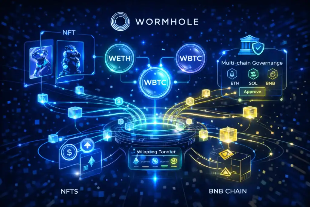 Wormhole Crypto visualized through a dynamic NFT and DeFi scene, with digital collectibles, wrapped tokens