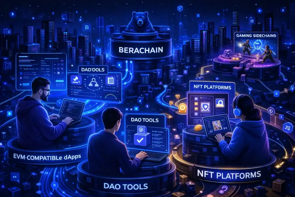 Berachain ecosystem scene featuring developers building EVM-compatible dApps