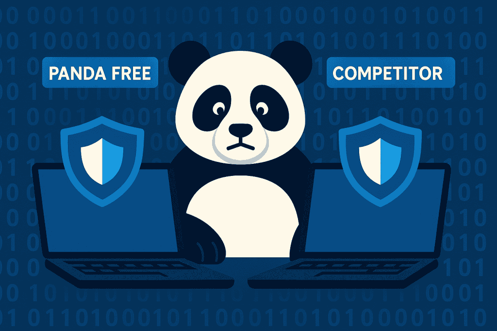 Panda comparing antivirus shields on two laptops.

