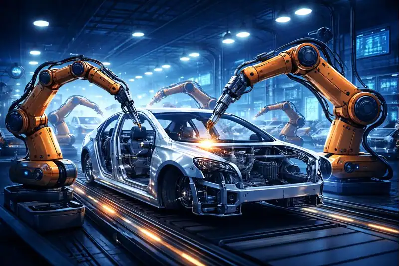 Industrial robots assembling car bodies with precise automated movements