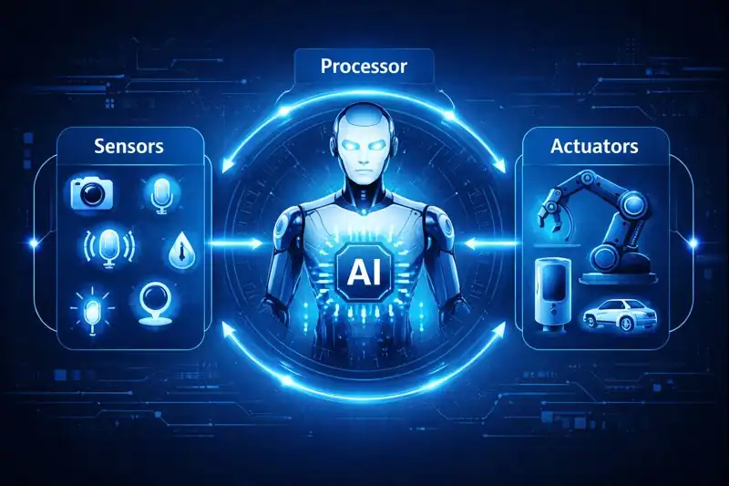 AI agents diagram showing sensors, processor, and actuators