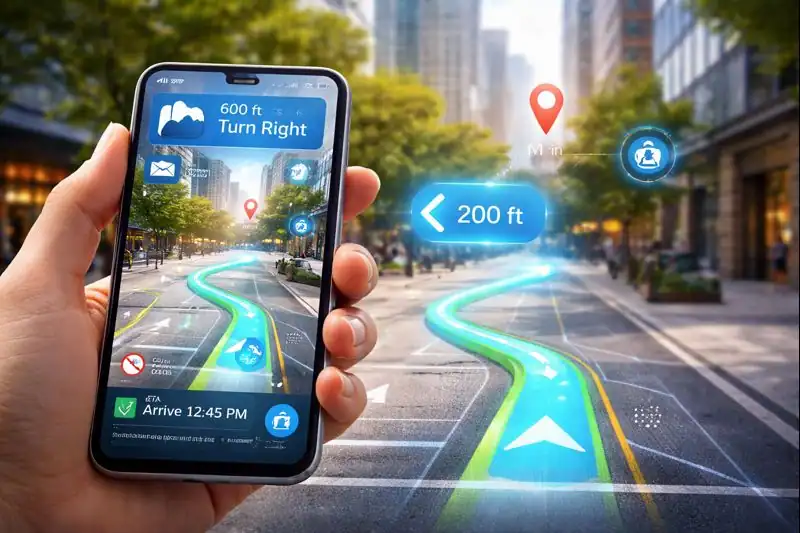 Smartphone augmented reality map showing live navigation directions