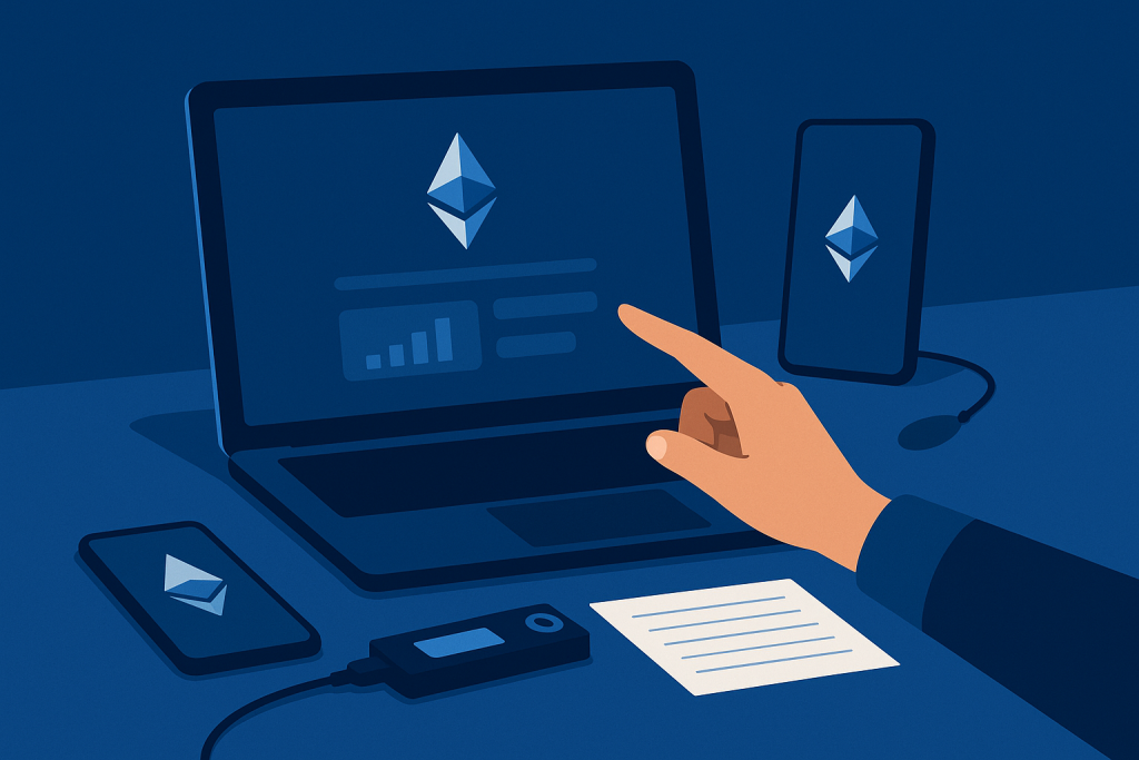 노트북과 장치에 표시되는 4단계 MyEtherWallet 가이드.