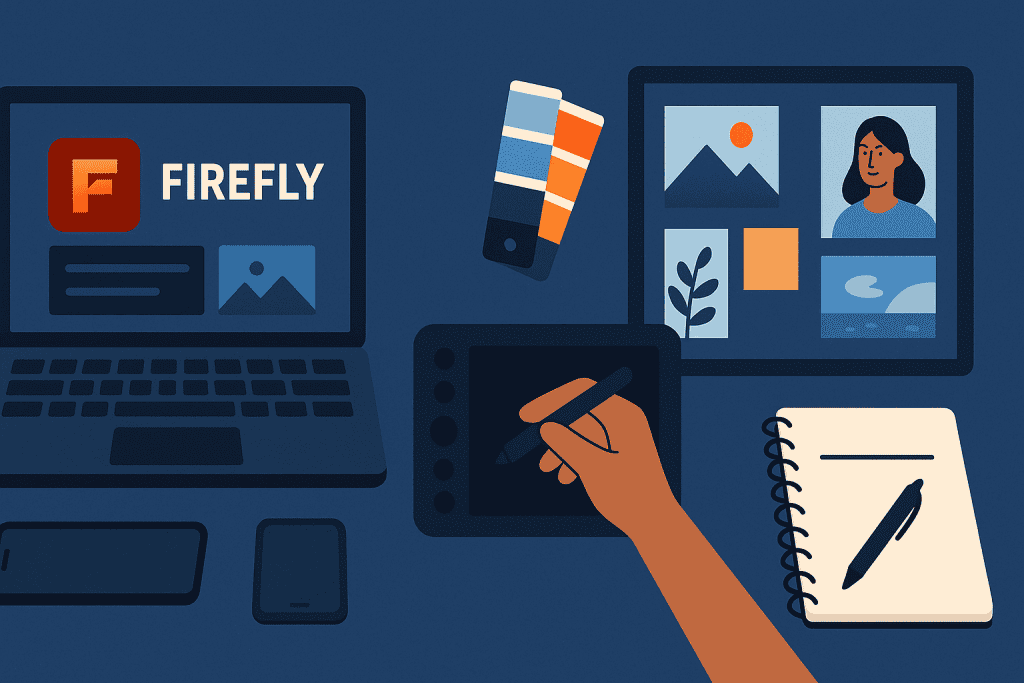 Workspace layout with laptop, tablet, swatches, sketchbook, and mood-board