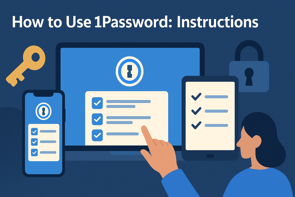 키 아이콘과 함께 단계별 1Password 지침을 표시하는 장치.