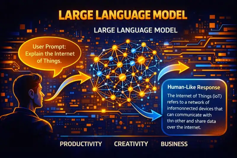 Diagram-style visual showing a user prompt flowing into a large language model neural network and producing a contextual, human-like response.
