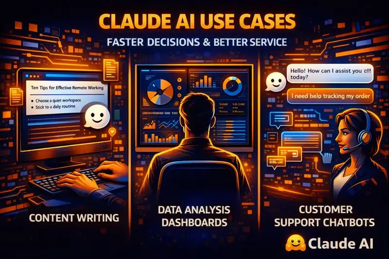 Claude AI use cases across content writing, data analysis dashboards