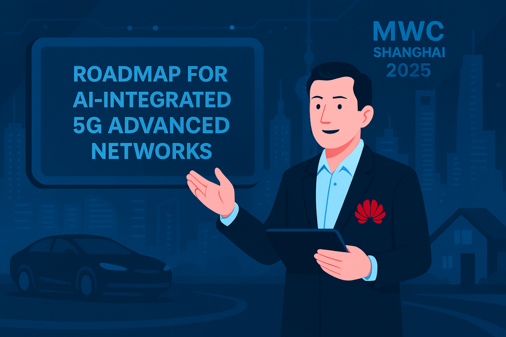 Huawei executive presenting AI-5G roadmap at MWC 2025.