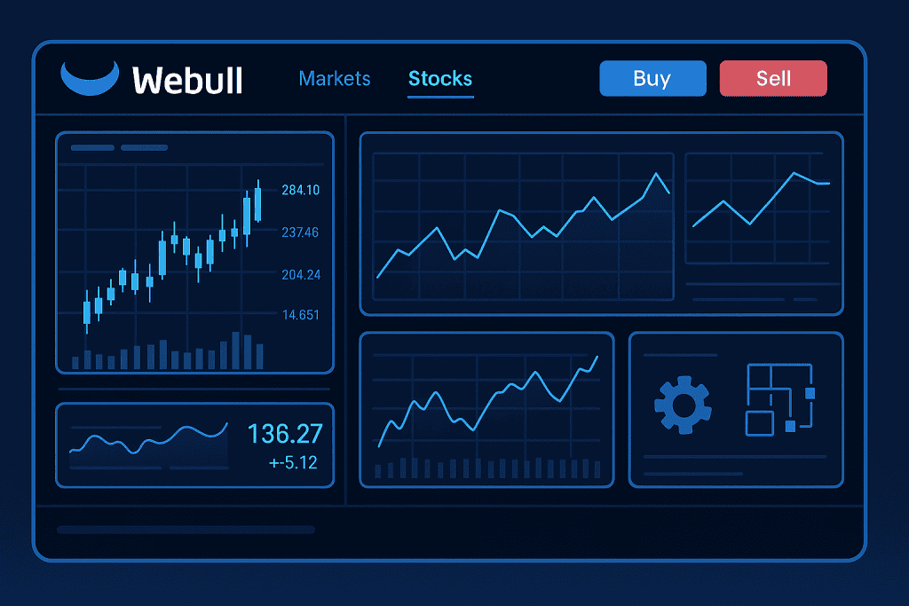 Webull Stock interface showing live trading charts.