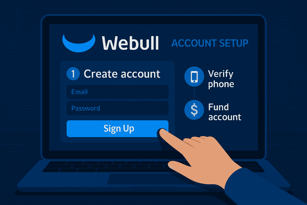 Webull Stock signup screen with account creation steps.
