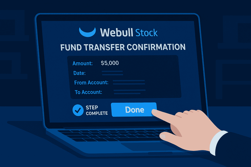Webull Stock fund transfer confirmation page.