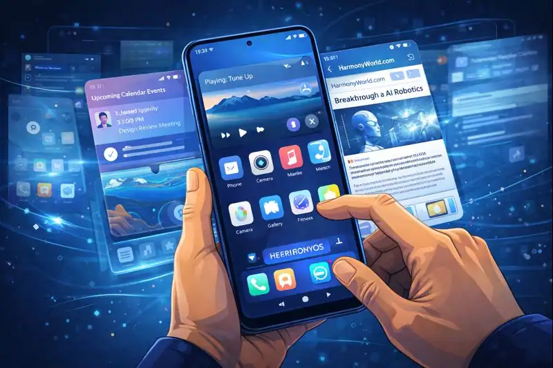 User navigating a HarmonyOS powered smartphone with a sleek, intuitive interface and smooth multitasking features.