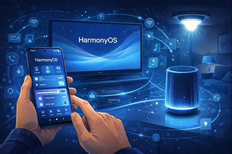 Smart home ecosystem connected through HarmonyOS, including lights, TV, and smart speaker operating in sync.
