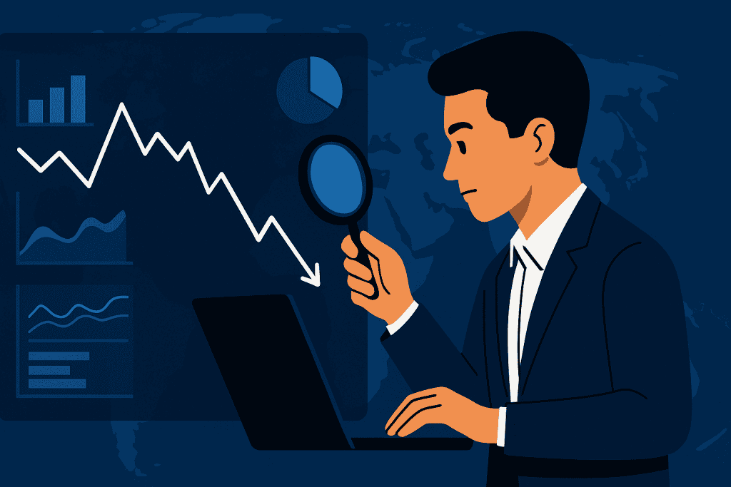 Economic Analysis examines global finance charts over world map.